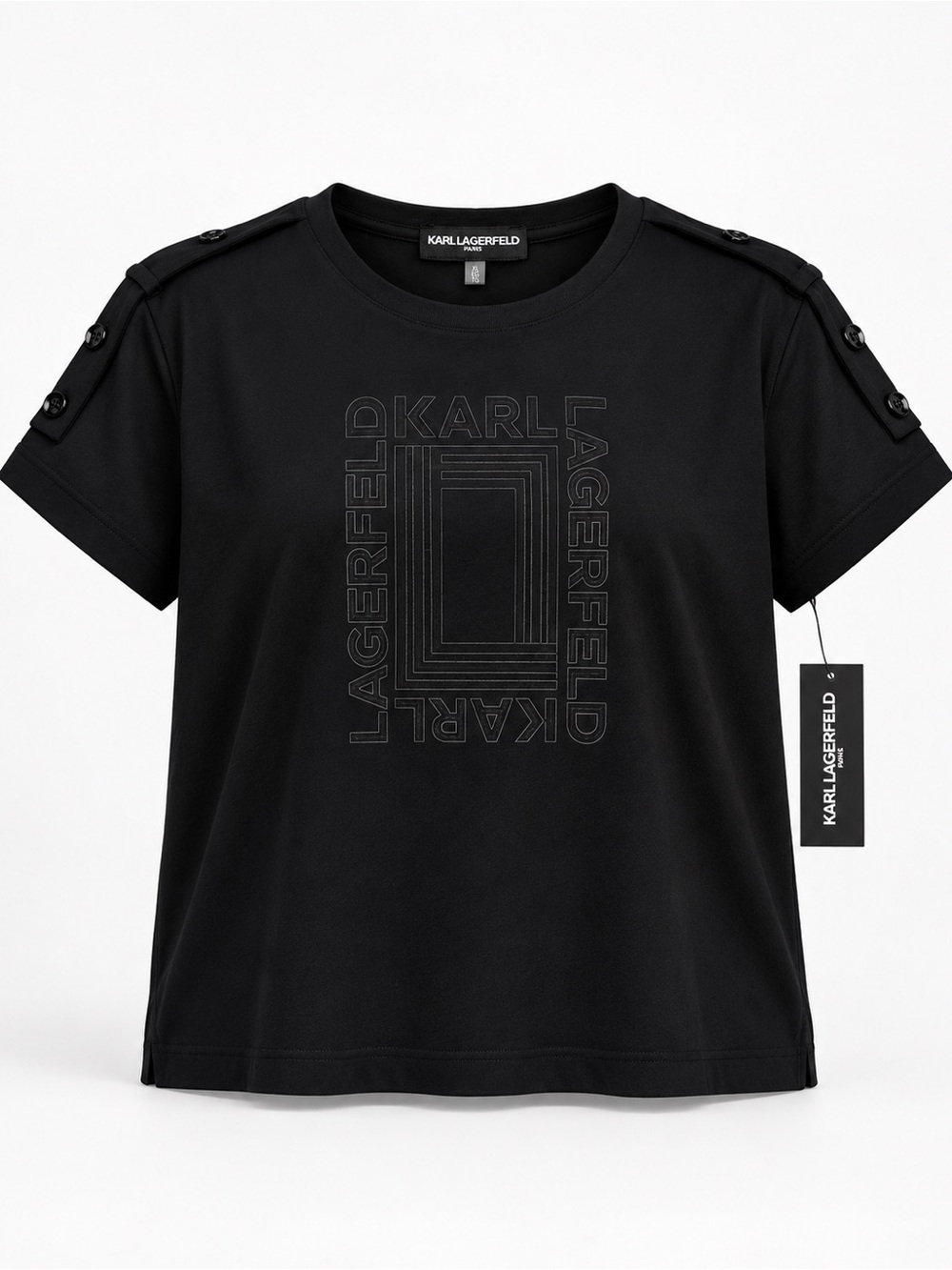 Karl Lagerfeld Black Logo Short-Sleeve Tee with Shoulder Buttons